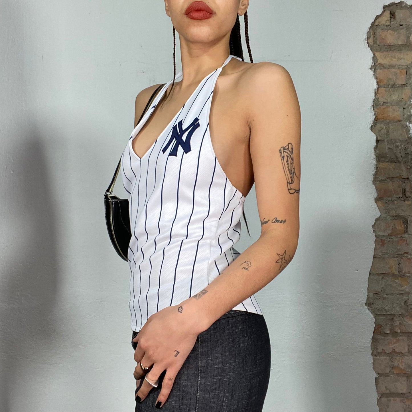 Vintage 2000's NY White Halter Neck Top with Pinstripes (S/M)