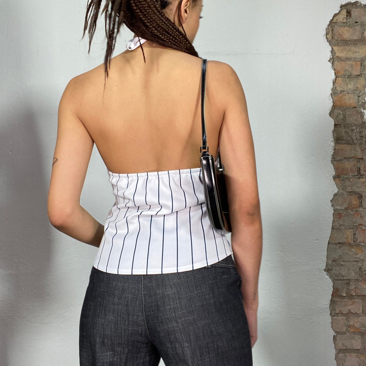 Vintage 2000's NY White Halter Neck Top with Pinstripes (S/M)