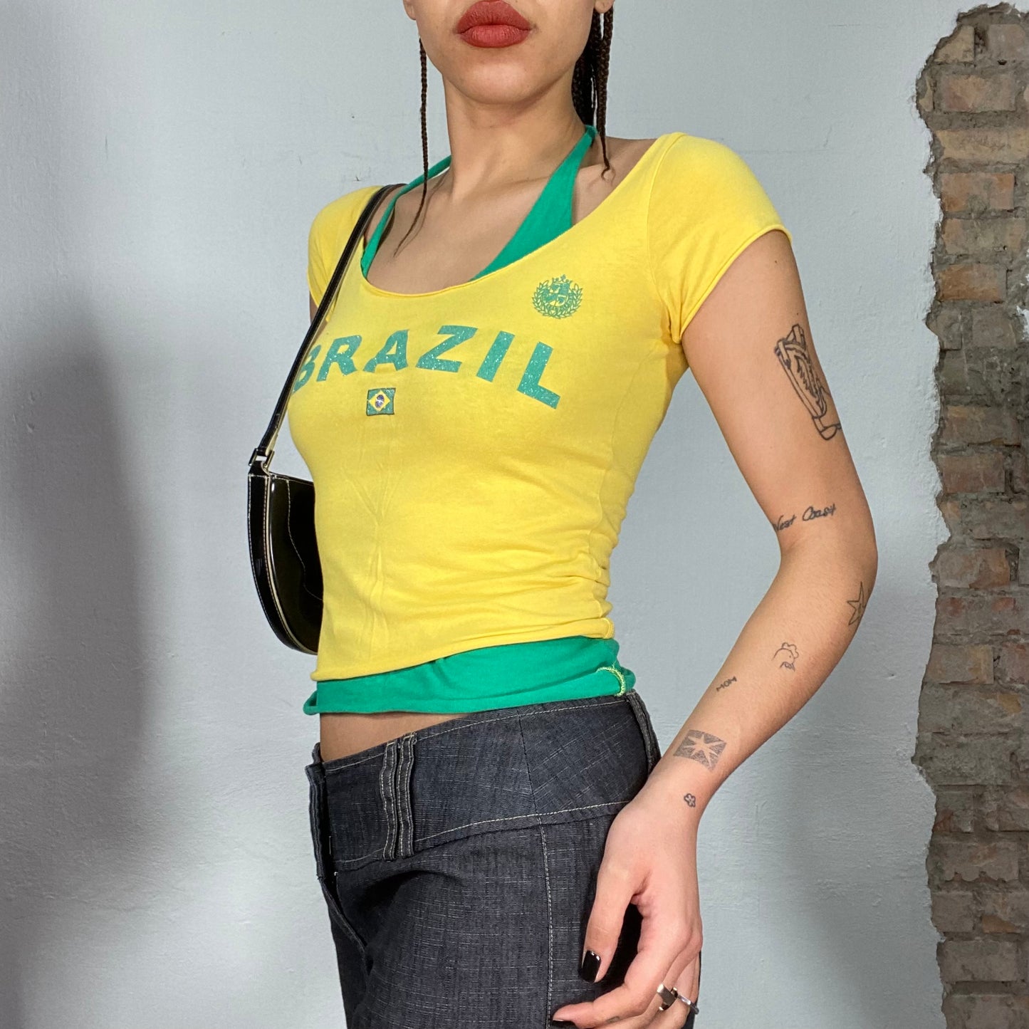 Vintage 2000's Sporty Yellow Brasil Shirt with Green Halter Neck Underneath (S)