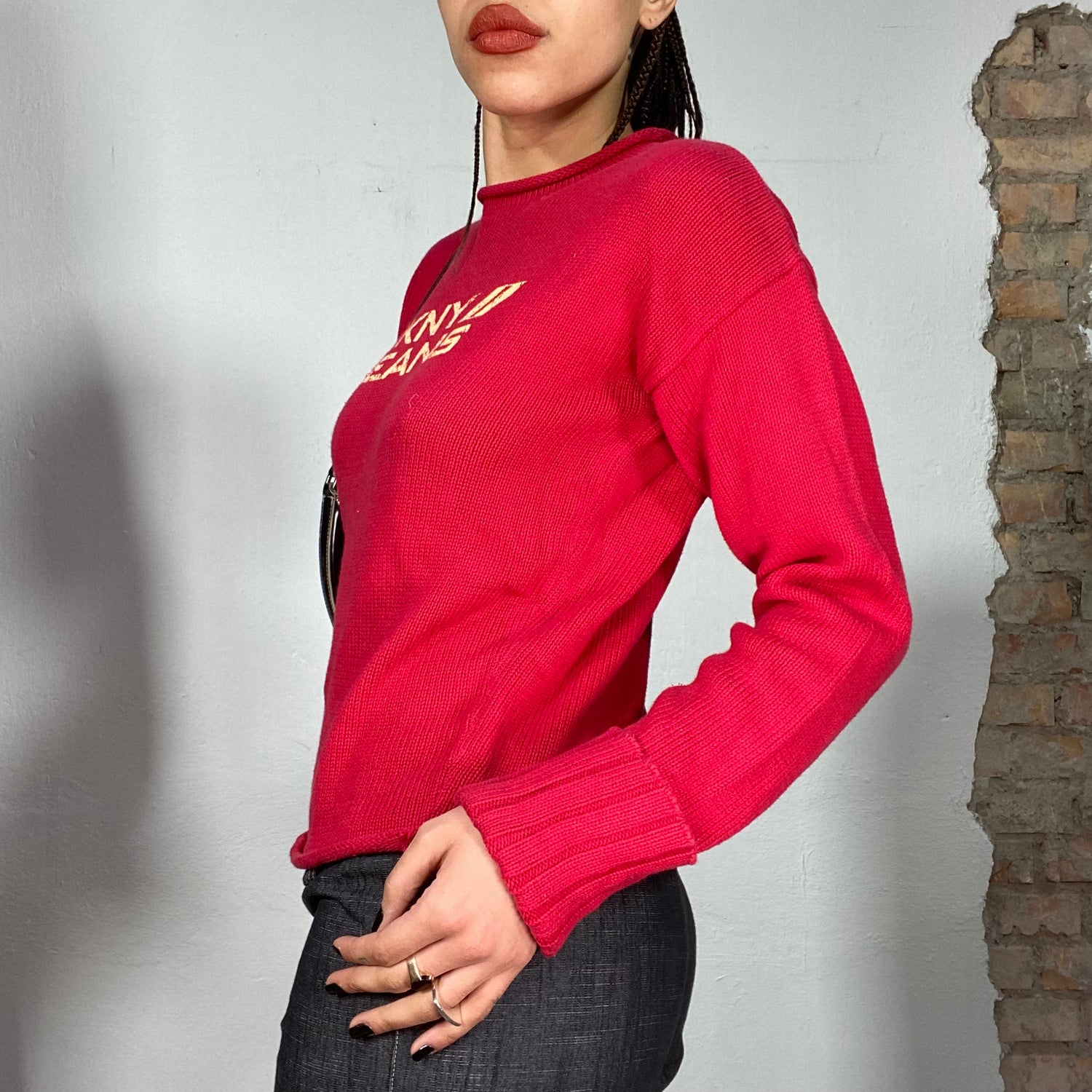 冬ギフト セ Vintage 90's (M Sweater Ribbed Red Jeans DKNY Archive トップス