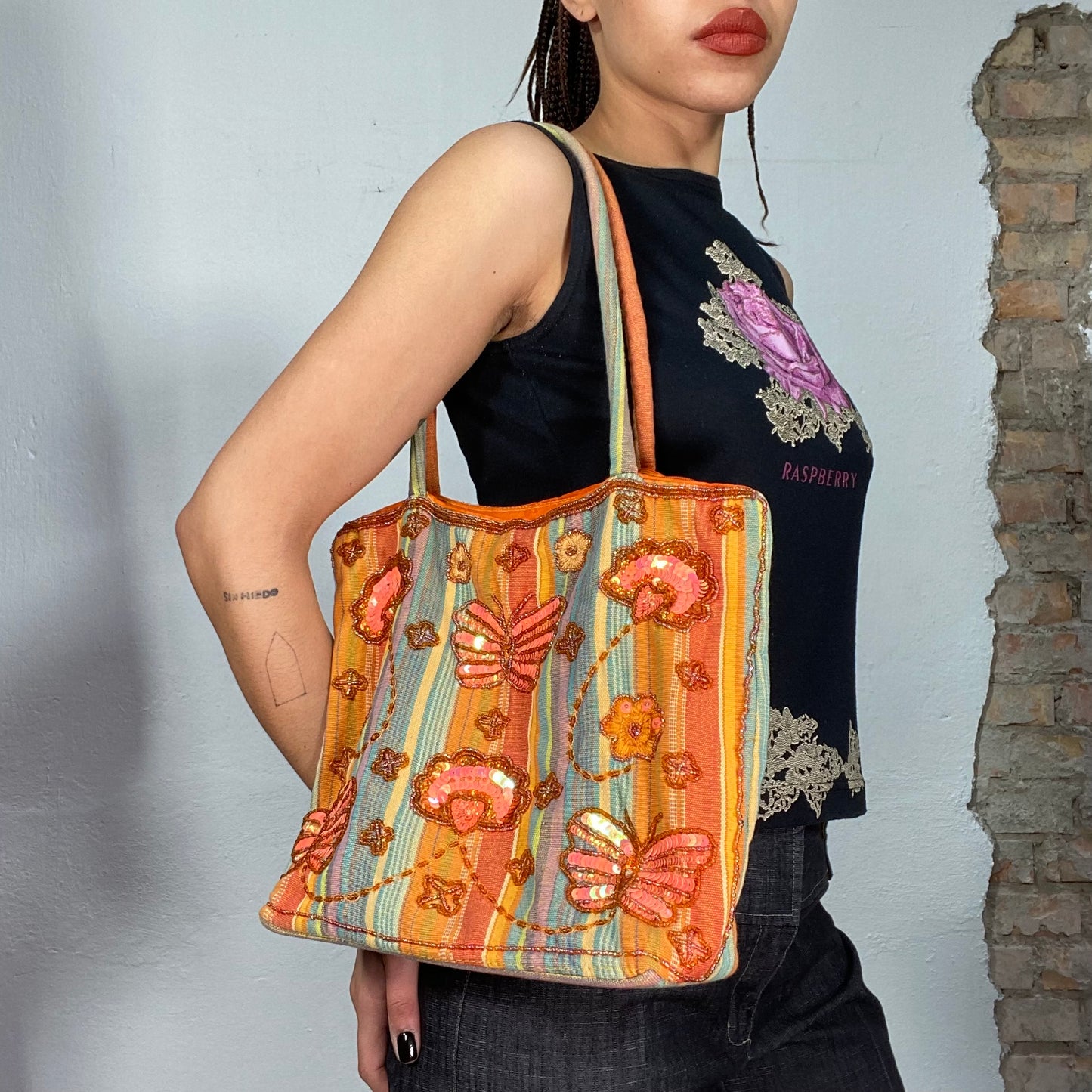 Vintage 2000's Fairy Orange Striped Tote Bag with Beaded Butterfly Details