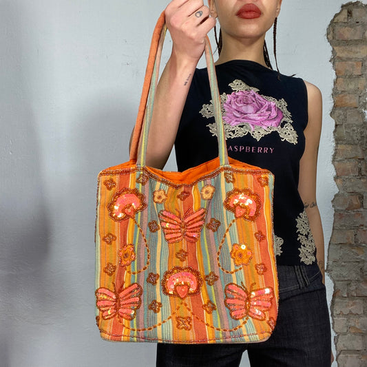 Vintage 2000's Fairy Orange Striped Tote Bag with Beaded Butterfly Details