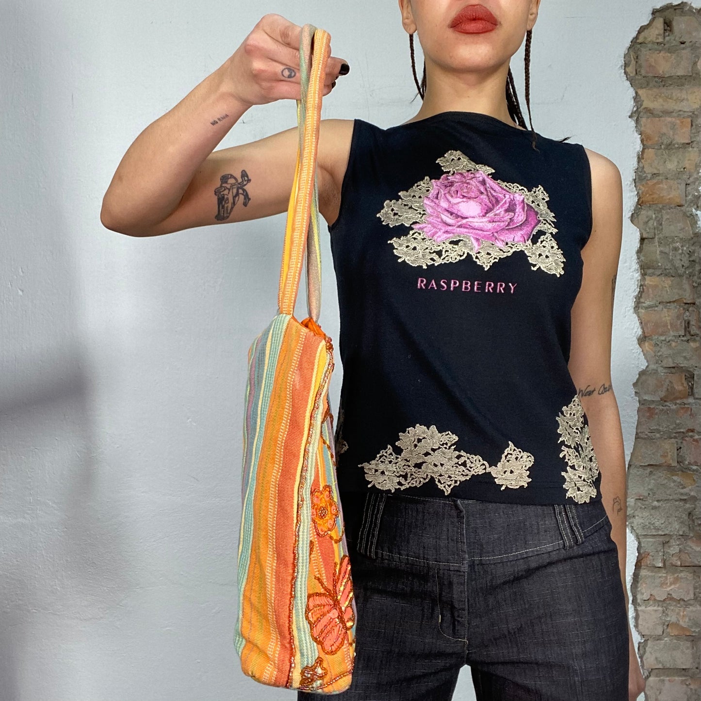 Vintage 2000's Fairy Orange Striped Tote Bag with Beaded Butterfly Details