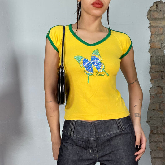 Vintage 2000's Sporty Yellow Brasil Shirt with Butterfly Print (XS/S)