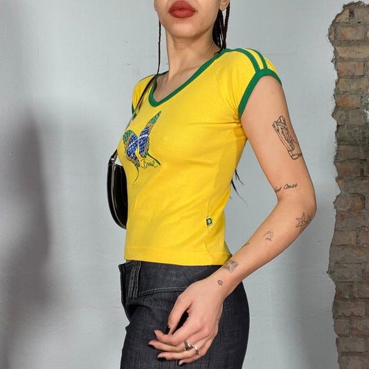 Vintage 2000's Sporty Yellow Brasil Shirt with Butterfly Print (XS/S)