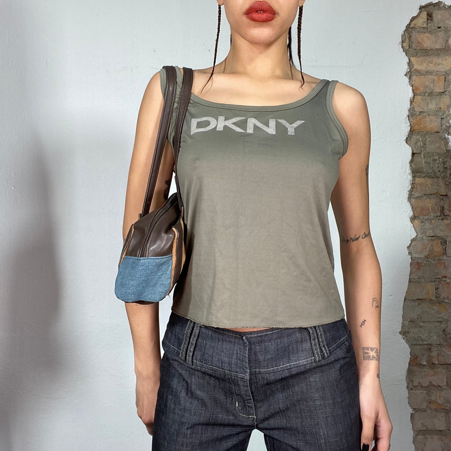 Vintage 2000's Archive DKNY Khaki Tank Top with Logo Print (S/M)