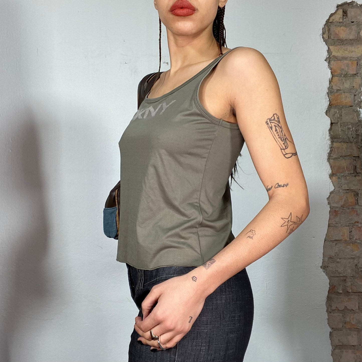 Vintage 2000's Archive DKNY Khaki Tank Top with Logo Print (S/M)