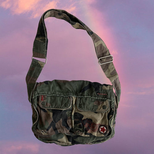 Vintage Y2K Grunge Skater Camo Crossbody Messenger Bag 