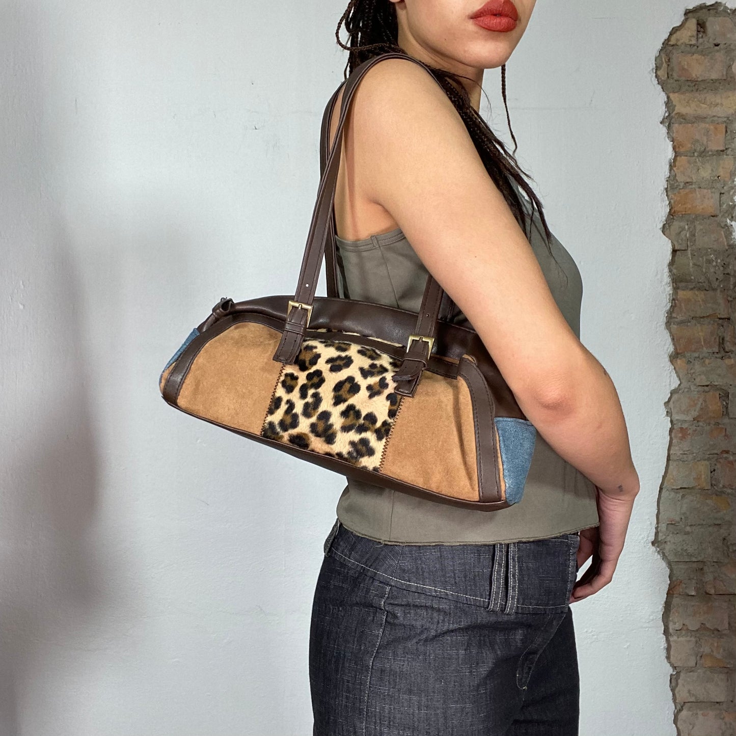 Vintage 2000's Brown Patchwork Shoulder Bag with Leo Print and Denim Details