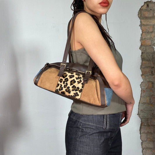 Vintage 2000's Brown Patchwork Shoulder Bag with Leo Print and Denim Details