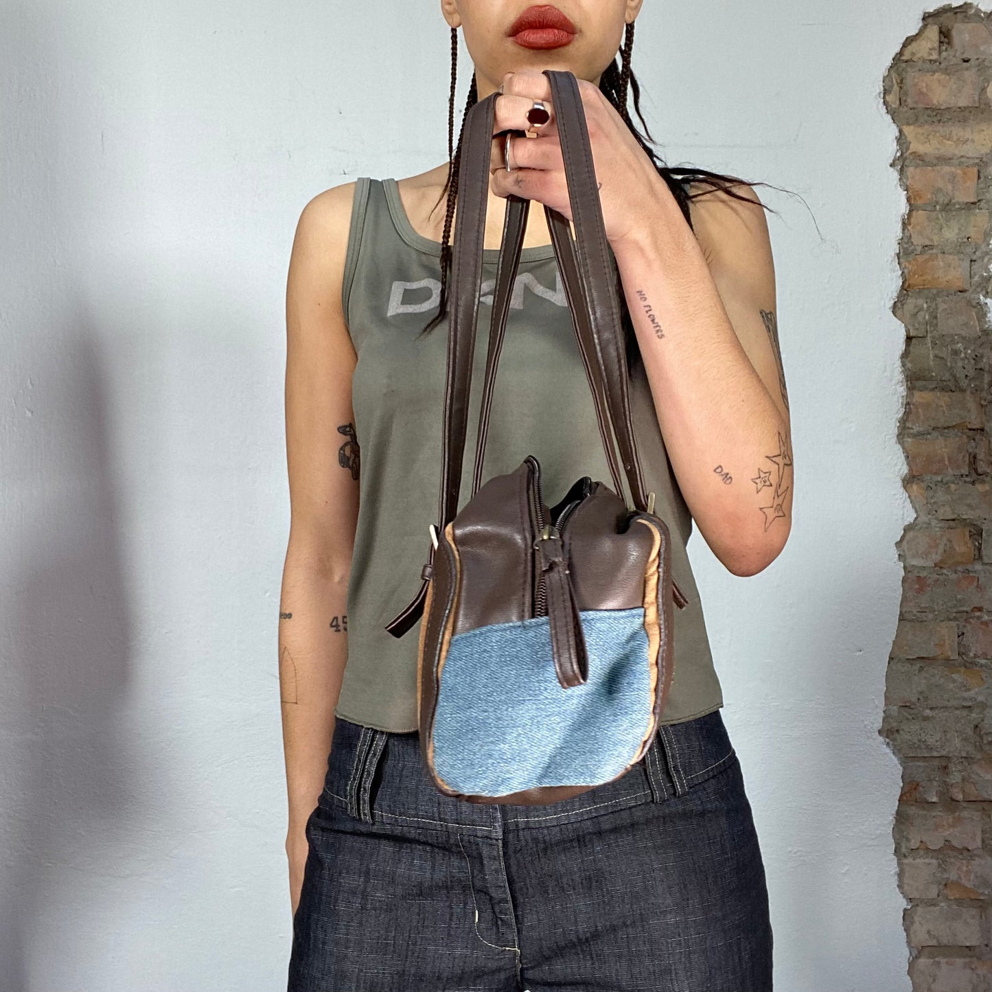 Vintage 2000's Brown Patchwork Shoulder Bag with Leo Print and Denim Details