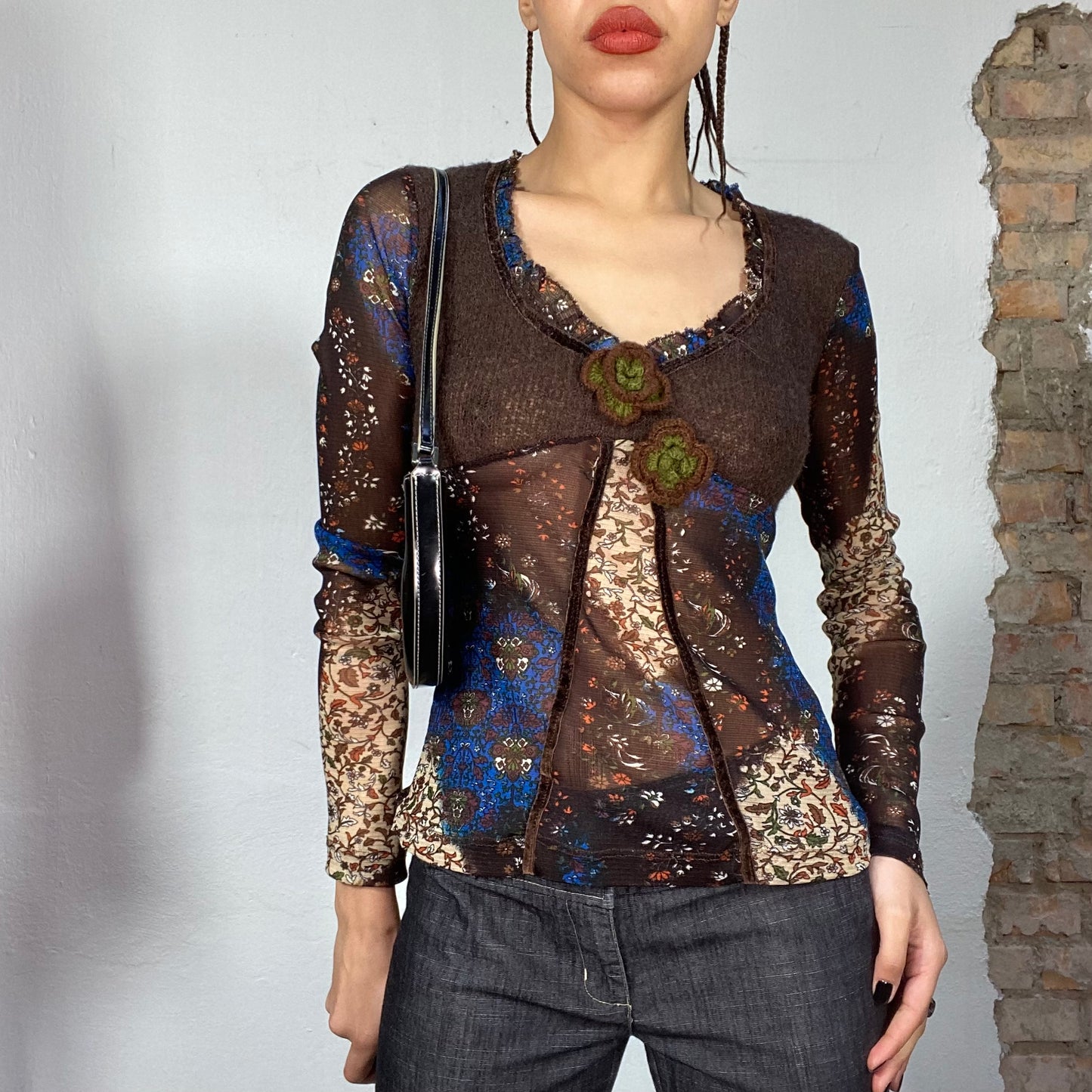 Vintage 2000's Fairy Brown Knit and floral Mesh Longsleeve (S/M)