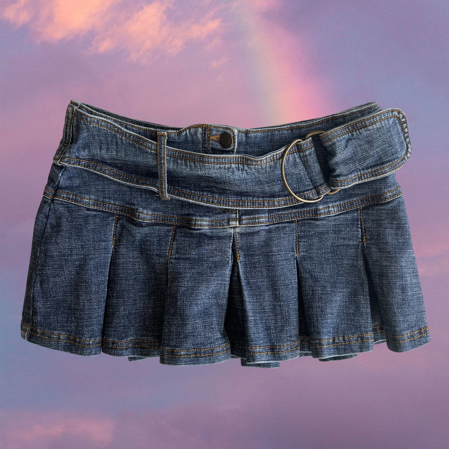 90S Vintage Fold Pleated Belted Denim Mini Skirt