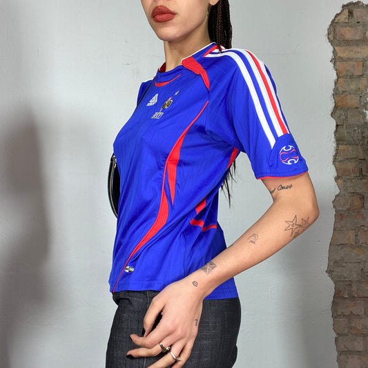 Vintage 2000's Football Core Adidas Blue Tricot Shirt with Red Details (S)