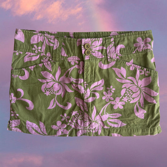 Vintage 90's Summer Green Cargo Mini Skirt with Pink Hibiscus Print (36 EU / UK 8 / US 4)