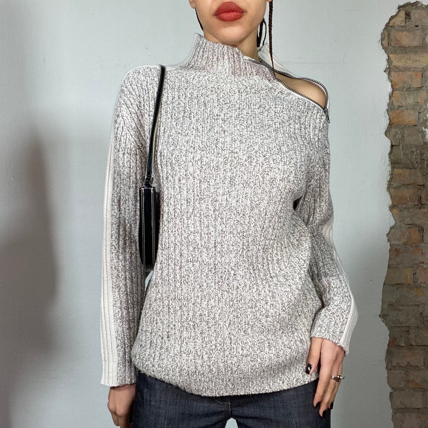 Vintage 90's Dad Grey/Beige Ribbed Knit Sweater with Collar Zip (M)