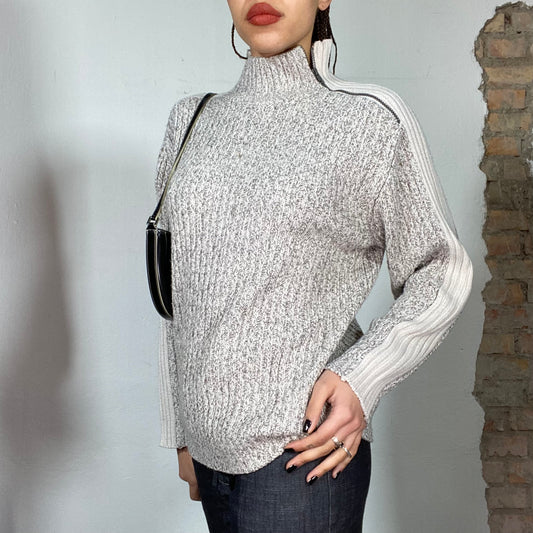 Vintage 90's Dad Grey/Beige Ribbed Knit Sweater with Collar Zip (M)