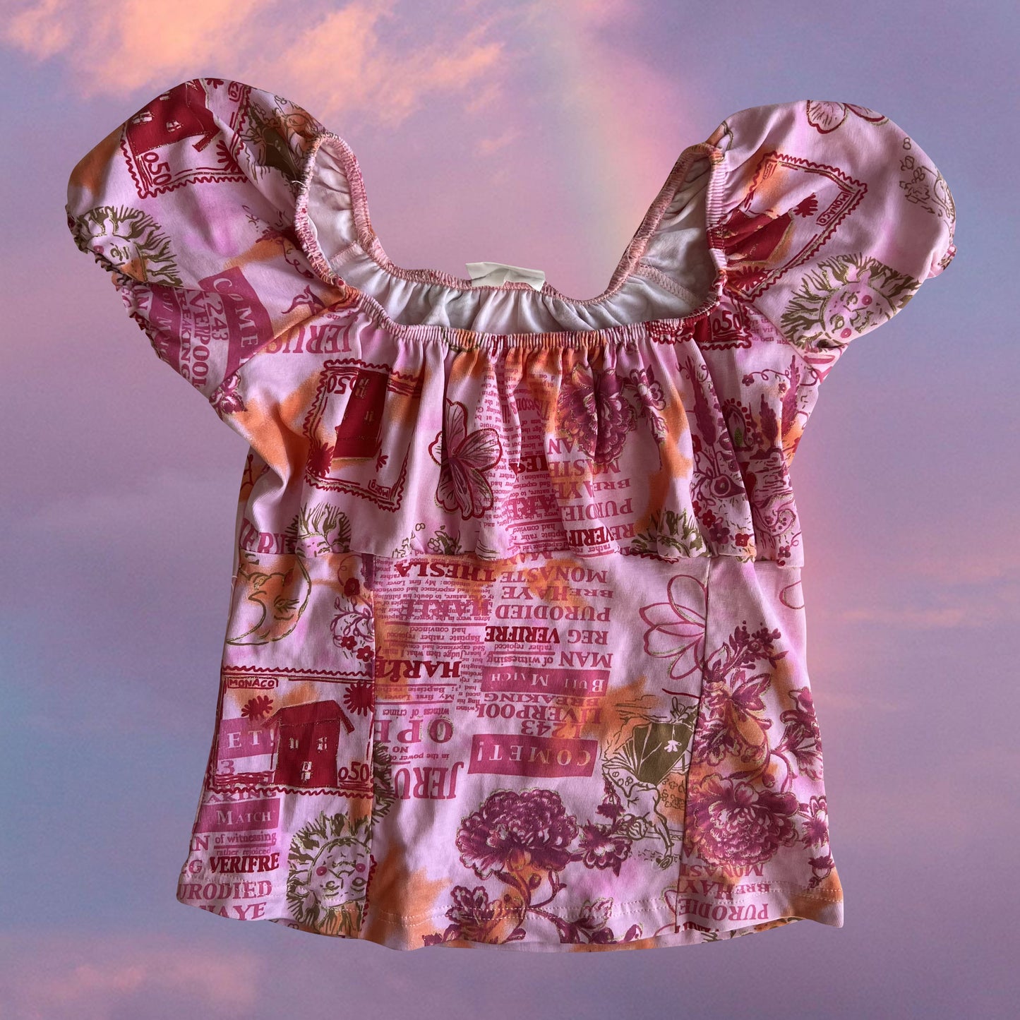 Vintage 90's Hippie Fairy Pink Printed Milkmaid Top (M)