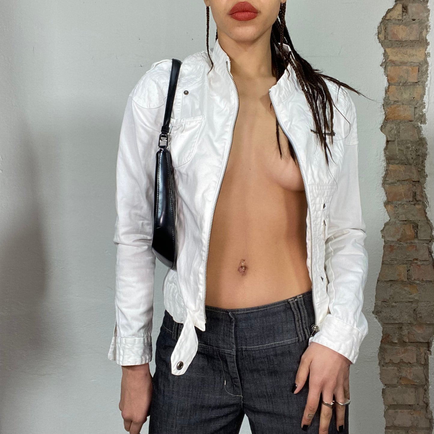 Vintage 2000's Bella Hadid White Racer Jacket with Zipper and Pocket Details (S)