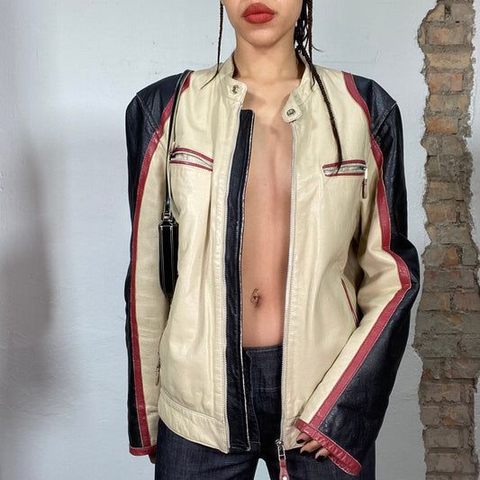 Vintage 2000's Bella Hadid Creme and Black Leather Racer Jacket (M/L)