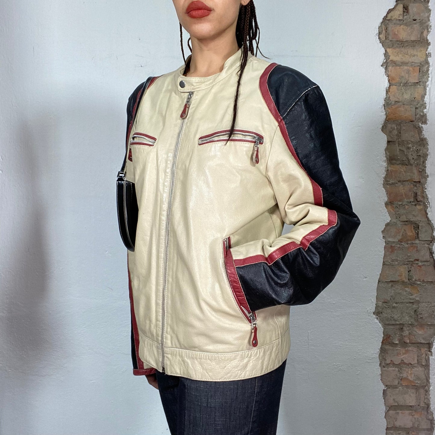 Vintage 2000's Bella Hadid Creme and Black Leather Racer Jacket (M/L)