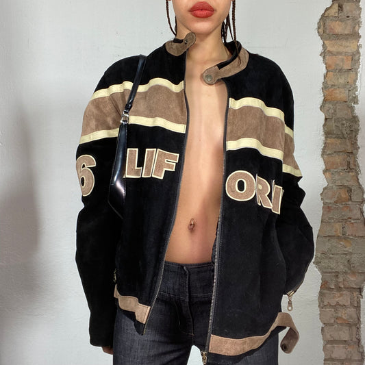 Vintage 2000's Bella Hadid Black and Brown Suede Racer Jacket with 'California' Print (M)