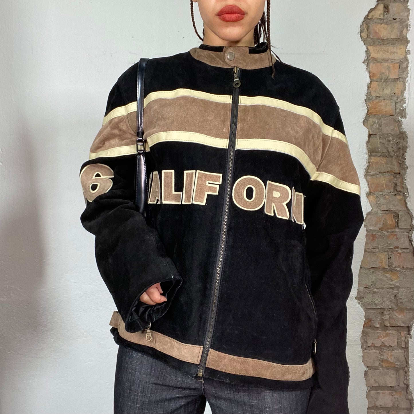 Vintage 2000's Bella Hadid Black and Brown Suede Racer Jacket with 'California' Print (M)