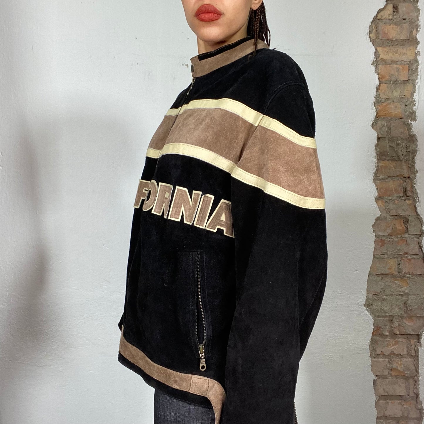 Vintage 2000's Bella Hadid Black and Brown Suede Racer Jacket with 'California' Print (M)