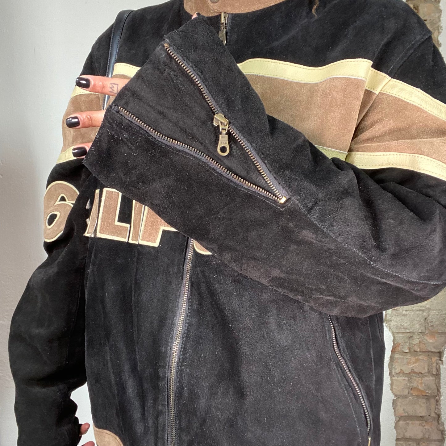 Vintage 2000's Bella Hadid Black and Brown Suede Racer Jacket with 'California' Print (M)