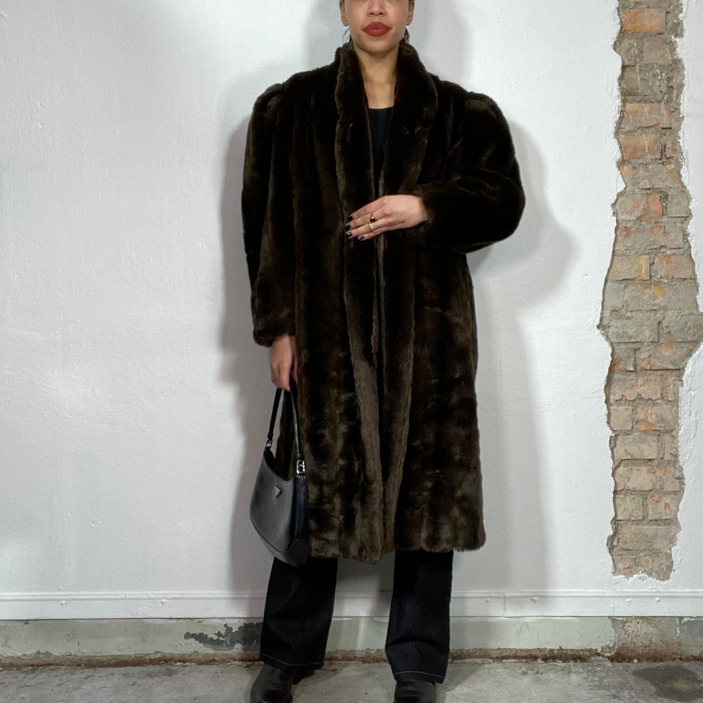 Vintage 90's Grunge Dark Brown Faux Fur Midi Coat (M)