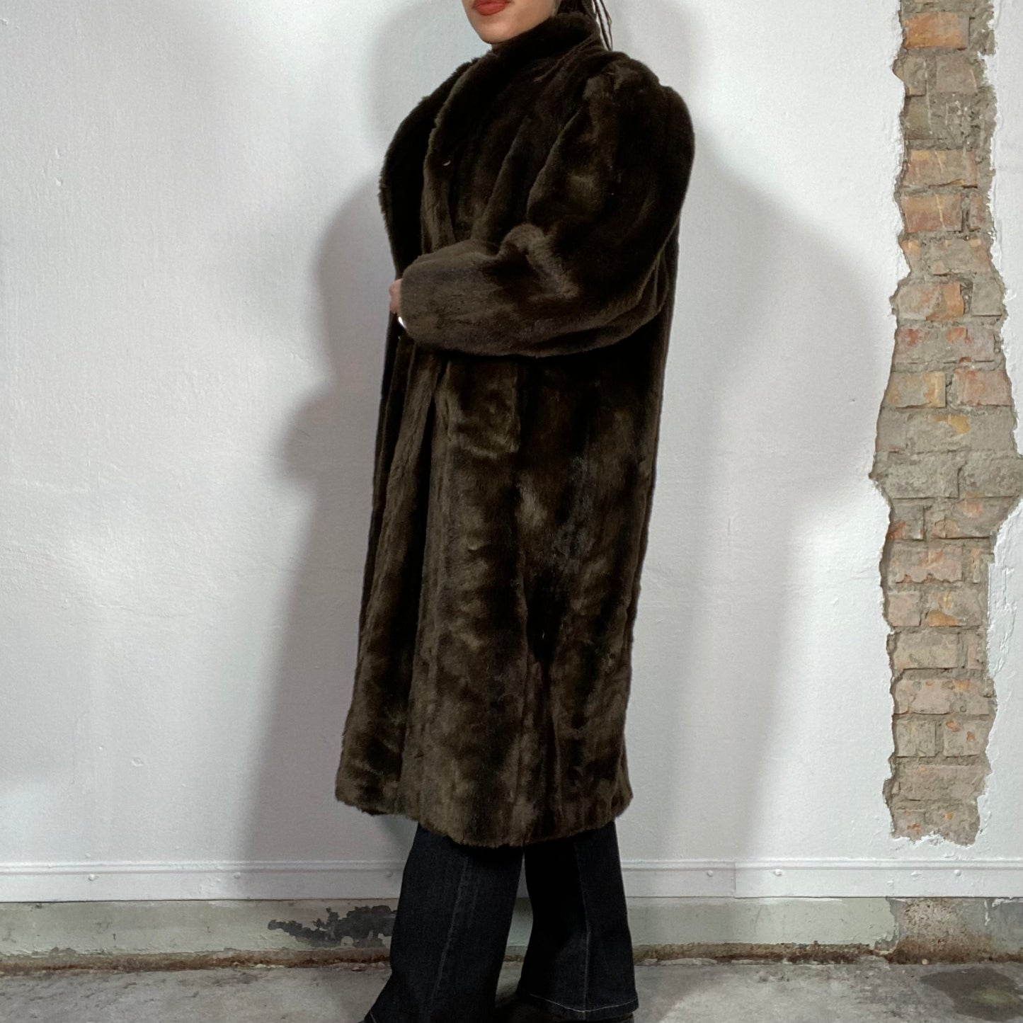 Vintage 90's Grunge Dark Brown Faux Fur Midi Coat (M)