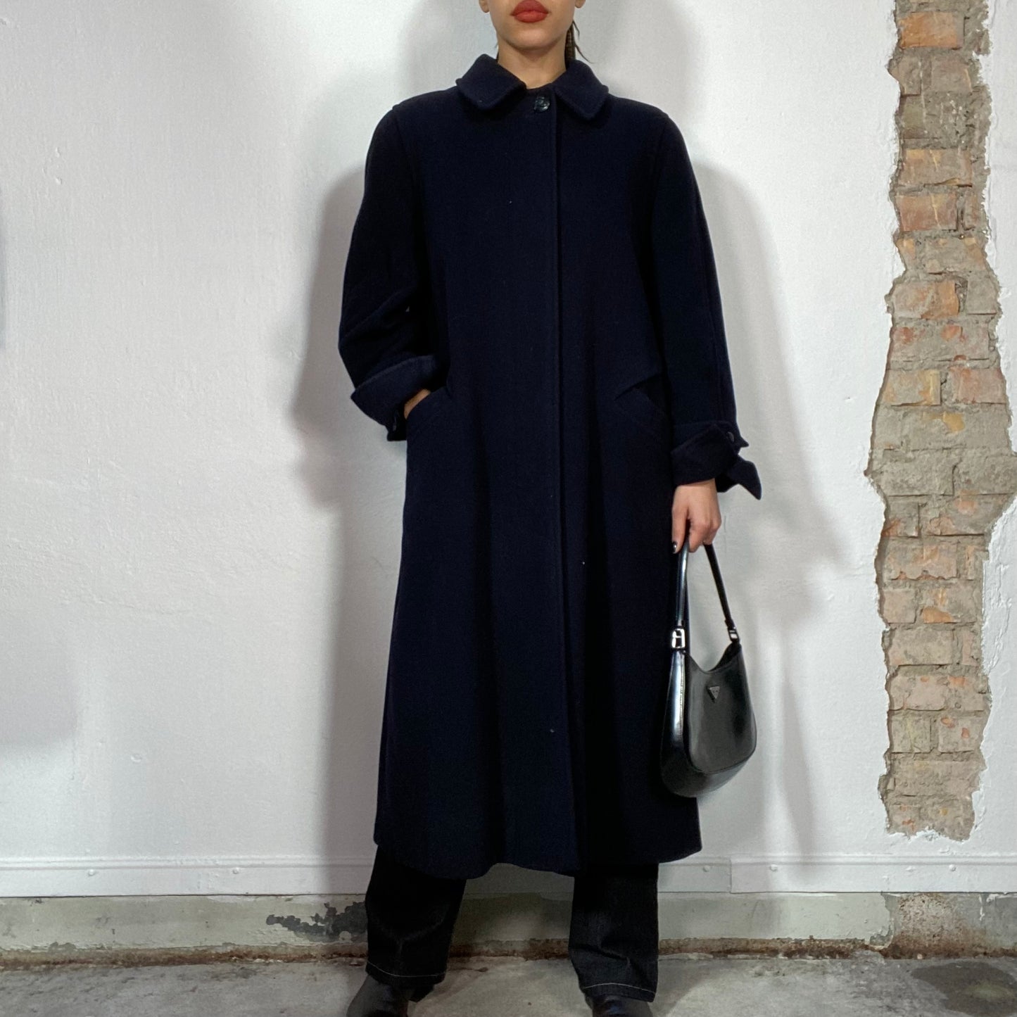 Vintage 90's Winter Navy Blue Wool Maxi Coat with Shoulder Cap (S/M)