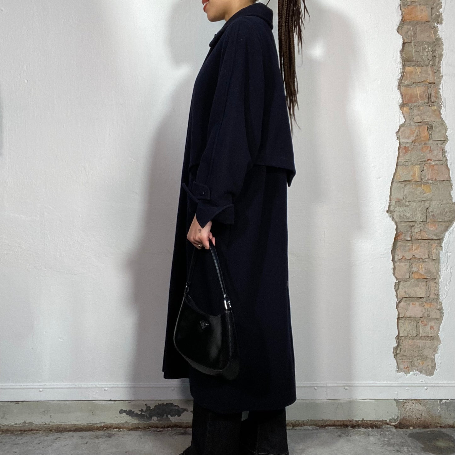 Vintage 90's Winter Navy Blue Wool Maxi Coat with Shoulder Cap (S/M)