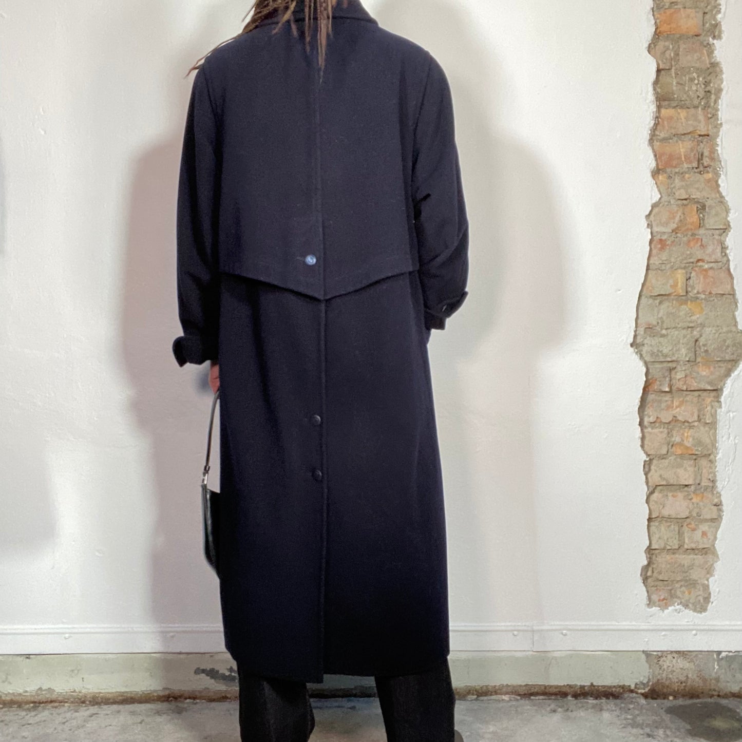 Vintage 90's Winter Navy Blue Wool Maxi Coat with Shoulder Cap (S/M)