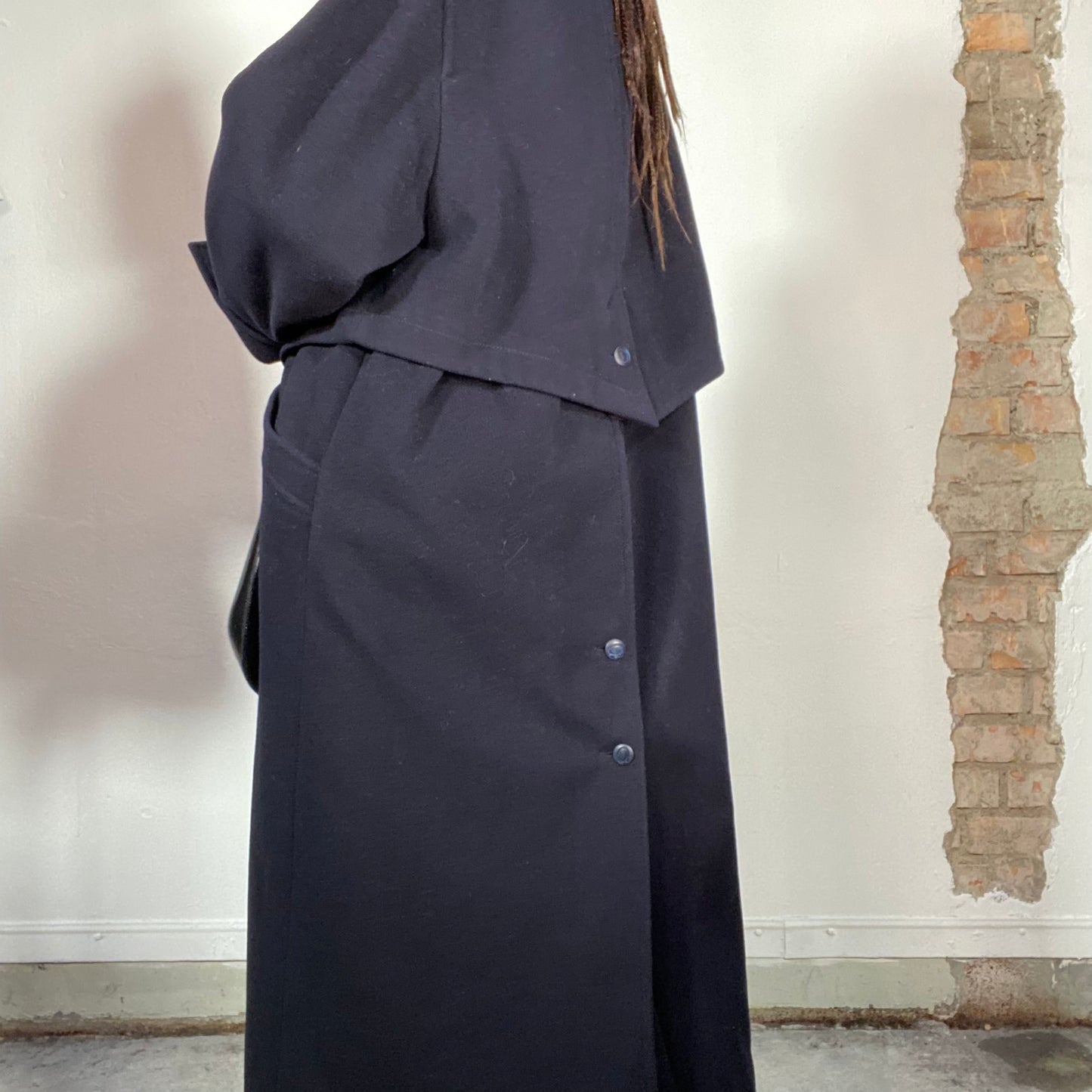 Vintage 90's Winter Navy Blue Wool Maxi Coat with Shoulder Cap (S/M)