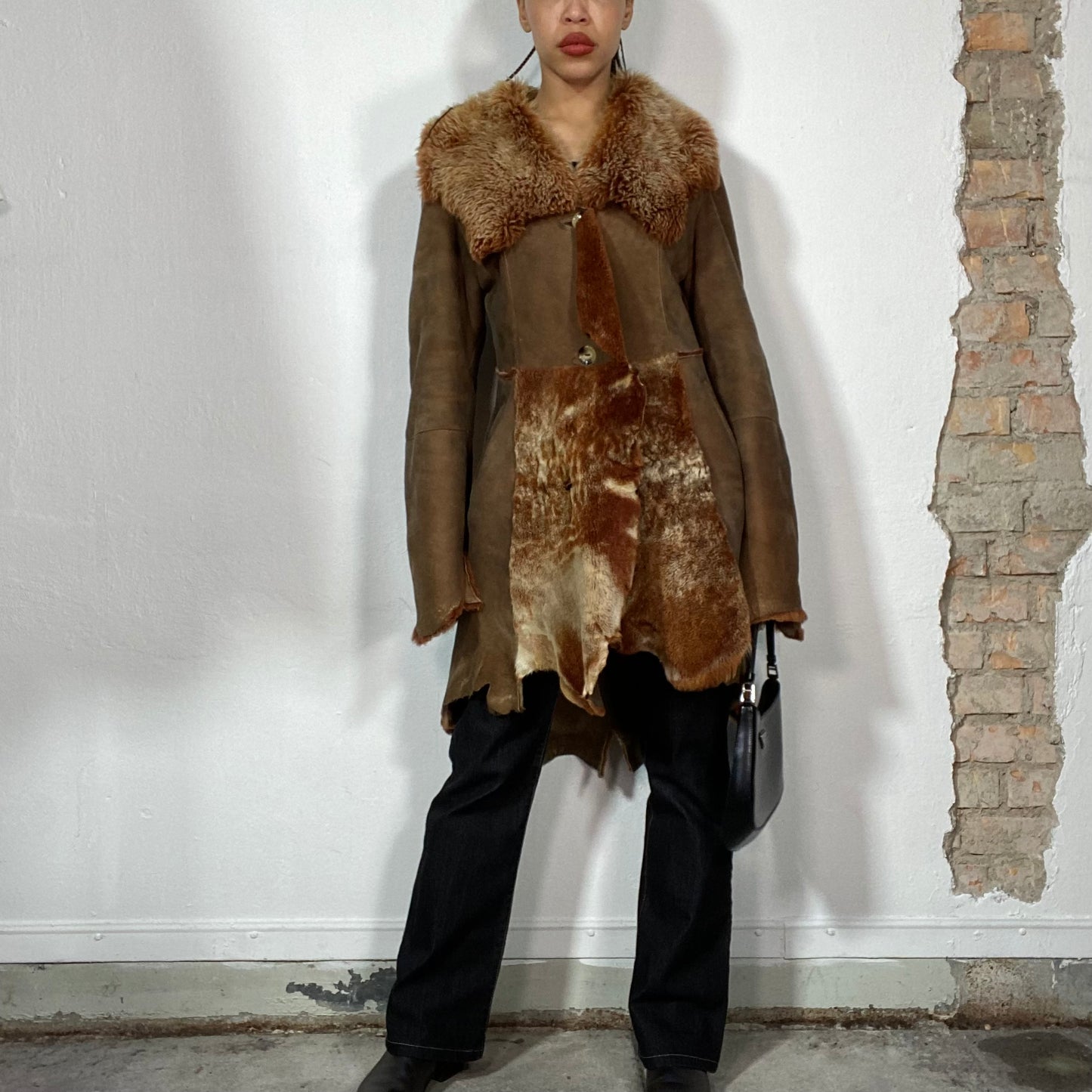 Vintage 2000's Arctic Brown Suede and Fur Coat with Frayed Hem (S)