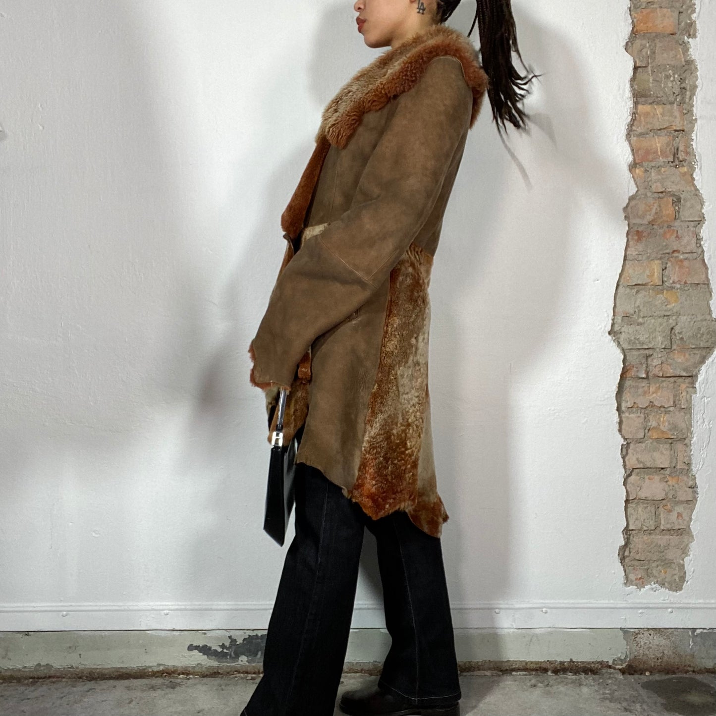 Vintage 2000's Arctic Brown Suede and Fur Coat with Frayed Hem (S)