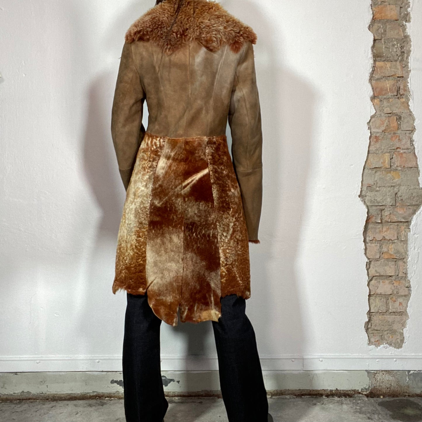 Vintage 2000's Arctic Brown Suede and Fur Coat with Frayed Hem (S)