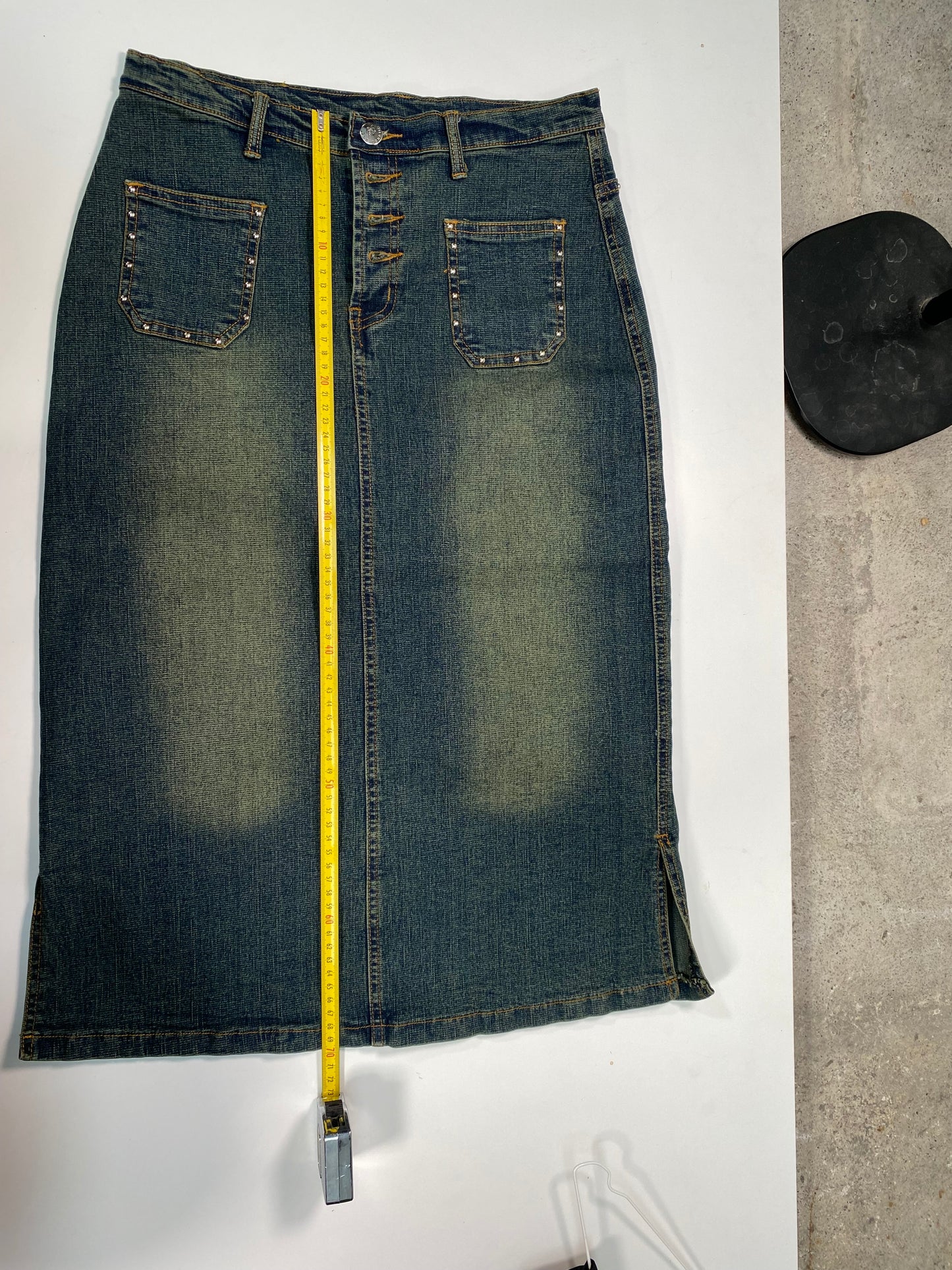 Vintage 90's Western Denim Midi Skirt with Tiny Front Pockets (?)