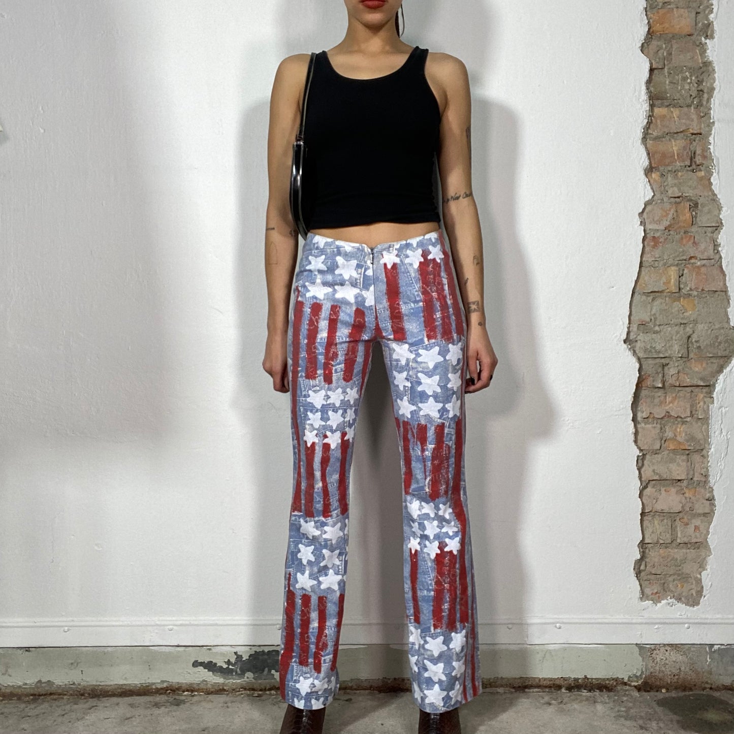 Vintage 2000's Funky US Flag Flared Jeans with Zipper Detail (S)