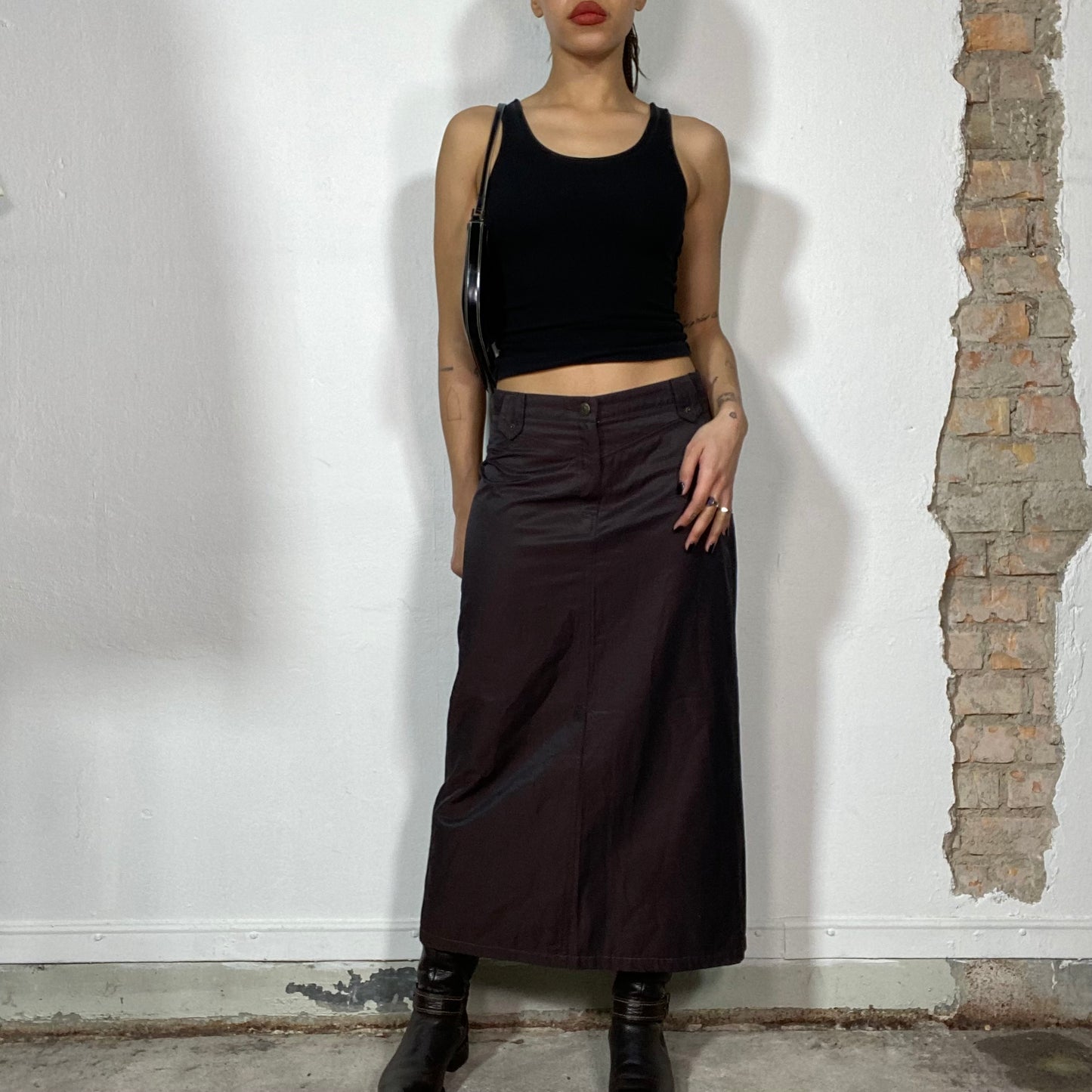 Vintage 90's Classic Brown Maxi Skirt with Back Slit (S/M)