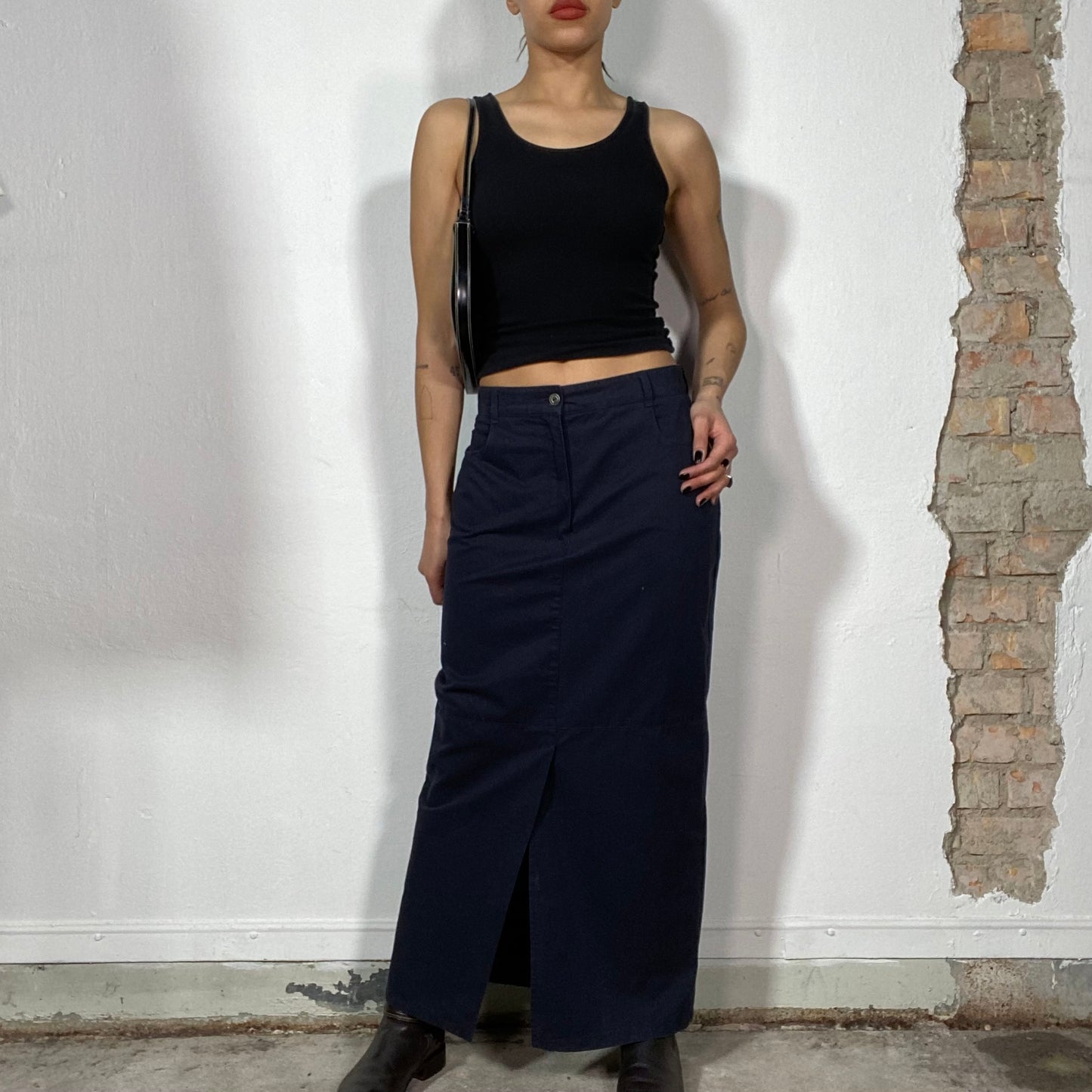 Vintage 90's Classic Navy Blue Maxi Skirt with Front Slit (S/M)