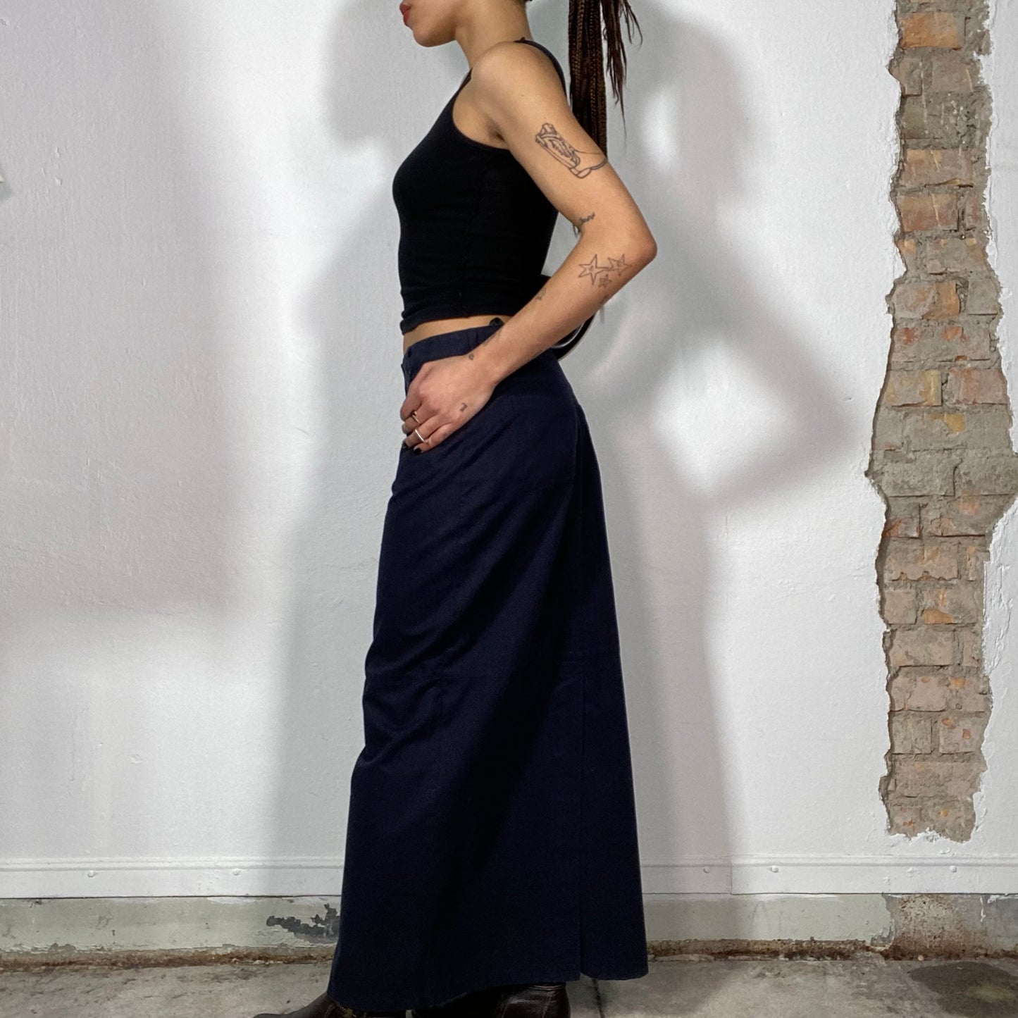 Vintage 90's Classic Navy Blue Maxi Skirt with Front Slit (S/M)