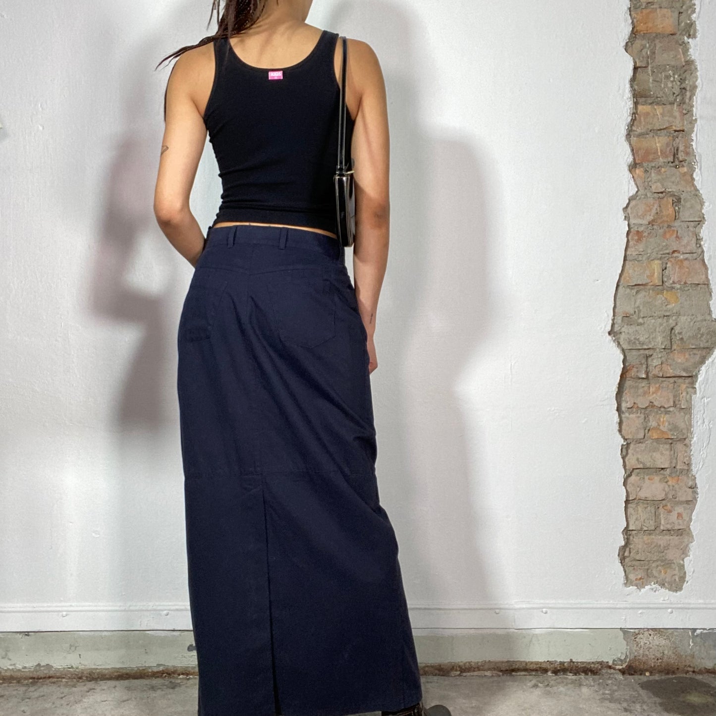 Vintage 90's Classic Navy Blue Maxi Skirt with Front Slit (S/M)