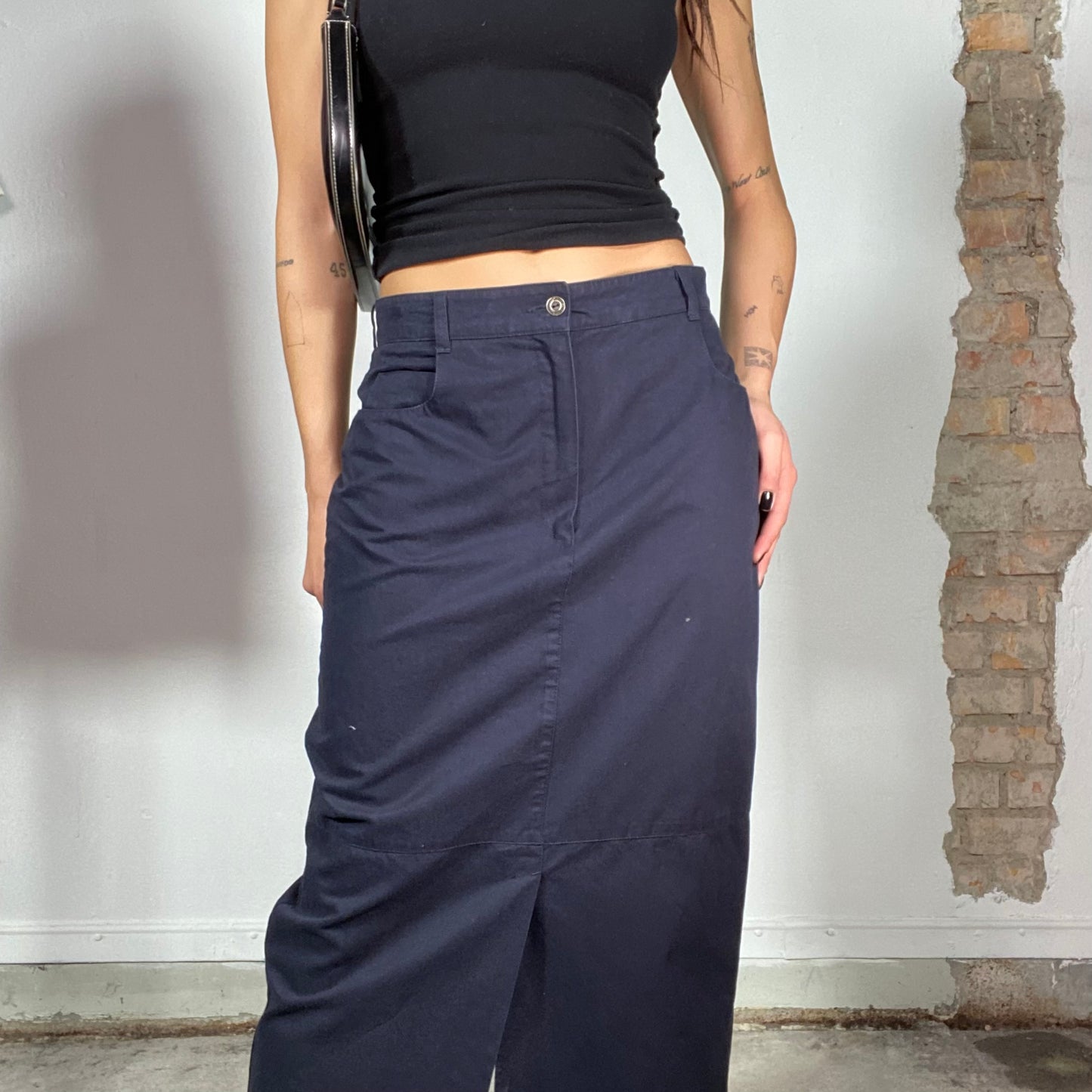 Vintage 90's Classic Navy Blue Maxi Skirt with Front Slit (S/M)