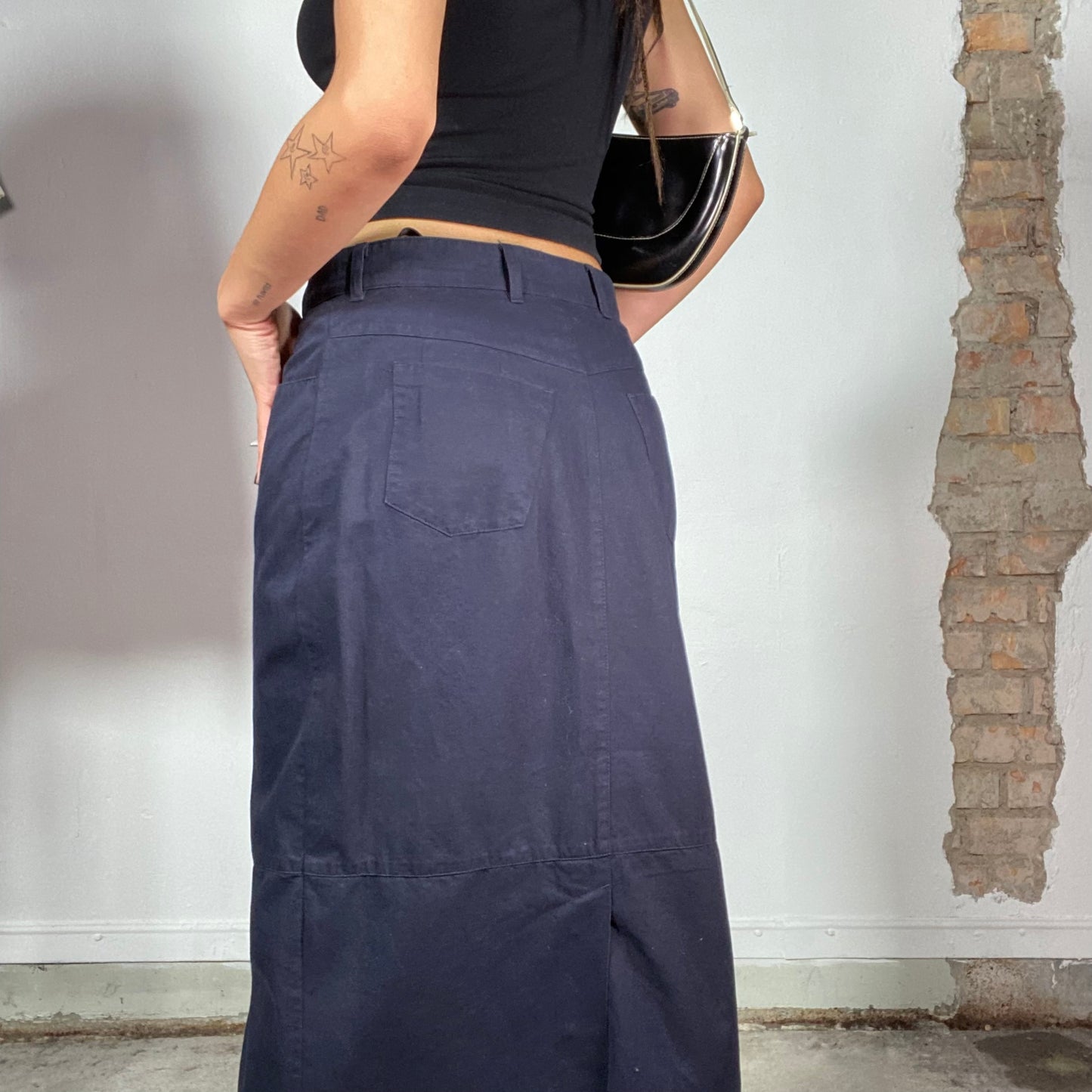 Vintage 90's Classic Navy Blue Maxi Skirt with Front Slit (S/M)