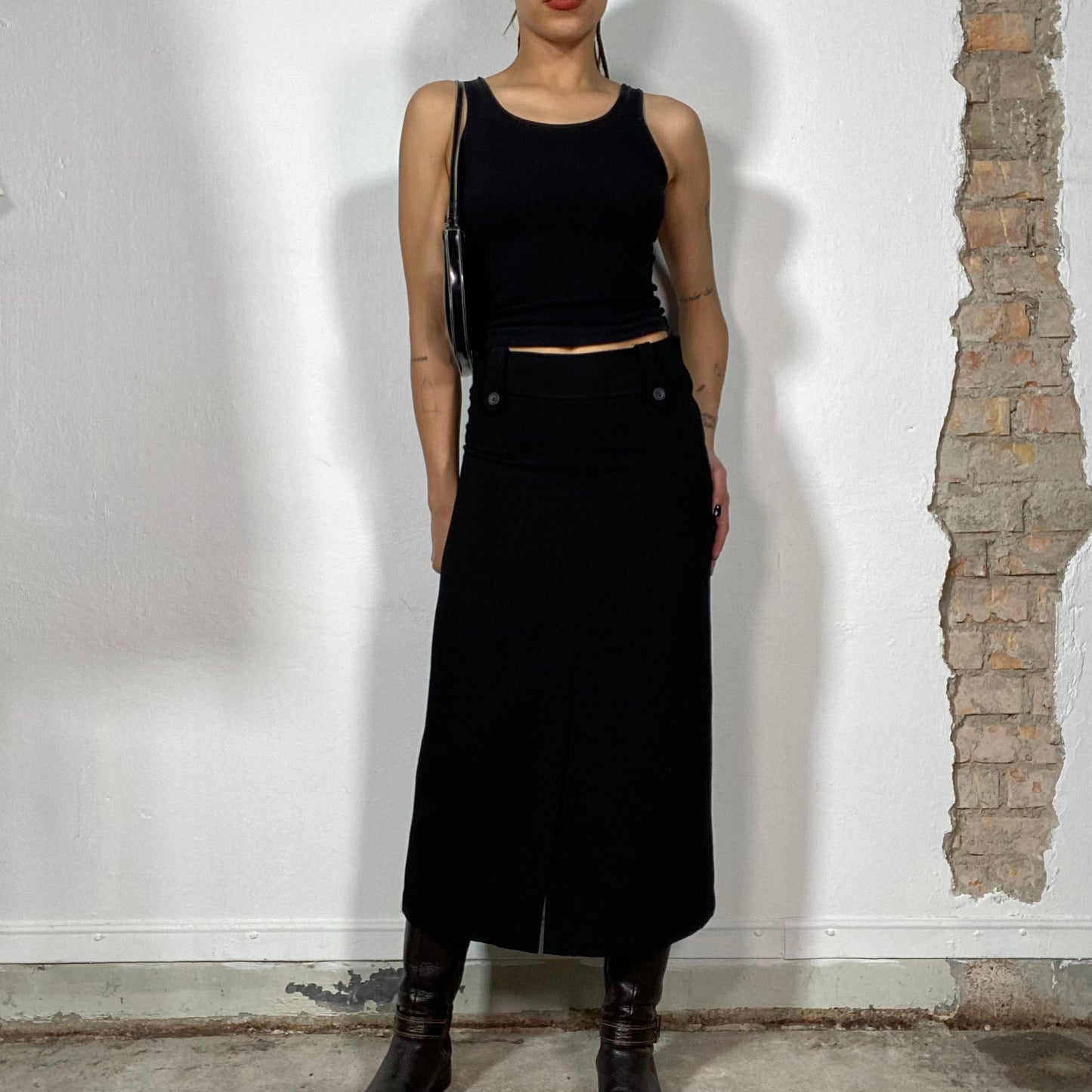 Vintage 90's Classic Black Maxi Skirt with Button Details and Front Slit (XS/S)