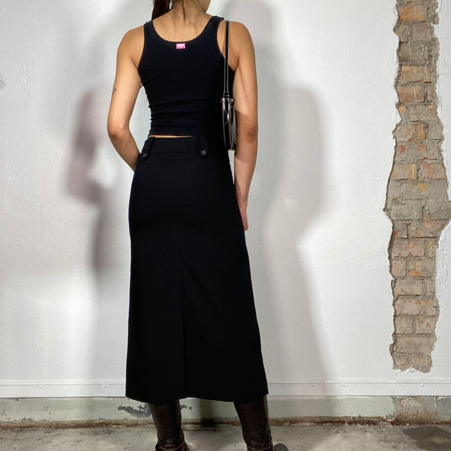 Vintage 90's Classic Black Maxi Skirt with Button Details and Front Slit (XS/S)