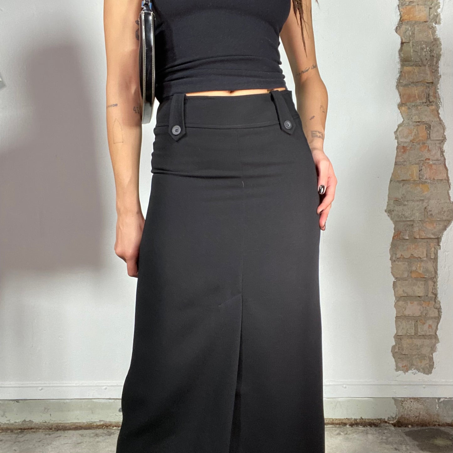 Vintage 90's Classic Black Maxi Skirt with Button Details and Front Slit (XS/S)