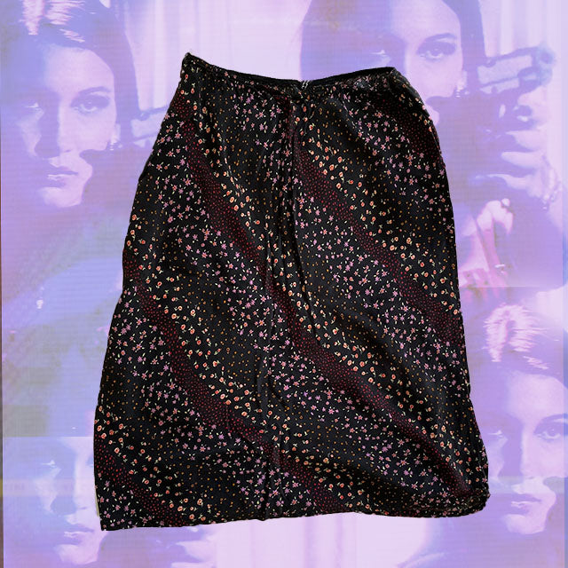 Vintage 90's Black Midi Skirt with Floral Print (L)